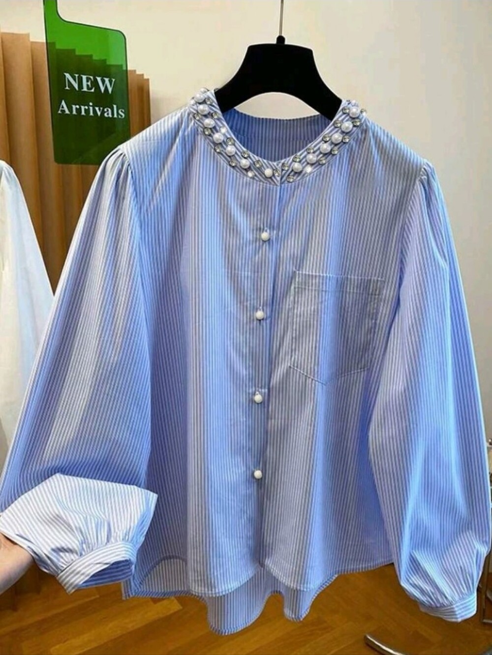 Elegant Blue And White Stripe Women Blouse,Autumn Office Round Neck Pearl